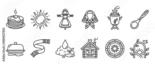 Set of line art icons representing the Slavic Maslenitsa spring festival with traditional symbols like pancakes, a samovar, a sun, and a scarecrow in a minimalist vector style