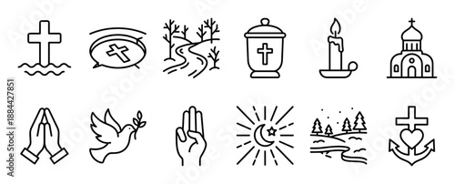 Collection of religious and spiritual icons in a minimalist black line art style, featuring symbols of Christianity and Islam like the cross, church, dove, and crescent moon