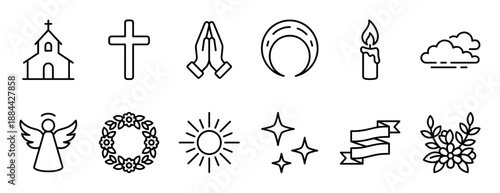 Set of religious christianity line icons featuring a church, cross, praying hands, angel, and other spiritual symbols for faith and worship, drawn in a minimalist outline style