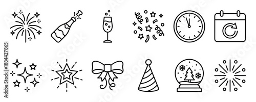 Set of black line icons for New Year's Eve celebration including fireworks, a popping champagne bottle, a clock at midnight, confetti, a party hat, and a festive snow globe