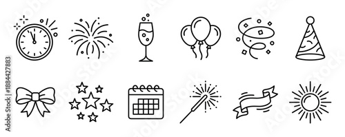 Set of black line art icons representing celebration and New Year's Eve with a clock at midnight, fireworks, champagne, balloons, confetti, a party hat, and a sparkler
