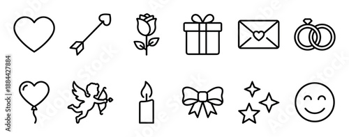Collection of twelve black outline icons for love, romance, and Valentine's Day, including a heart, cupid, wedding rings, gift box, and rose in a simple, minimalist graphic design