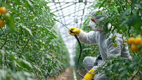 Farmer Sprays Pesticides in Greenhouse with Tomatoes, Crop Protection