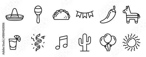 Collection of black line art icons for a festive celebration featuring a sombrero, taco, maraca, piñata, cactus, chili pepper, and balloons in a minimalist outline style