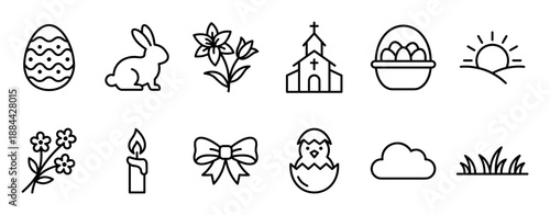 Set of black line art icons representing Easter and spring holiday symbols like a decorated egg, bunny, church, hatching chick, lily flower, and a basket of eggs
