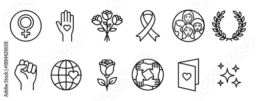 Collection of minimalist black line icons representing feminism, women's rights, empowerment, and celebration with symbols like a raised fist, Venus sign, and diverse faces