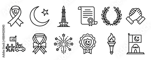 Set of twelve black outline icons for national holidays and patriotic events, featuring a monument, flag with crescent, fireworks, handshake, medal, and torch symbols