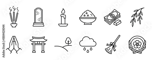 Set of thin line icons representing Asian ancestor worship traditions with incense, tombstone, food offerings, prayer hands, and a memorial gate in a minimalist vector style