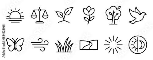 Set of twelve black line icons representing nature, peace, and balance with symbols like a sunrise, sprout, dove, and butterfly in a clean, minimalist vector style