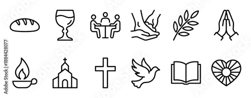 Set of Christian religious line icons featuring symbols of faith like the cross, dove, bible, and praying hands in a minimalist black and white vector illustration style