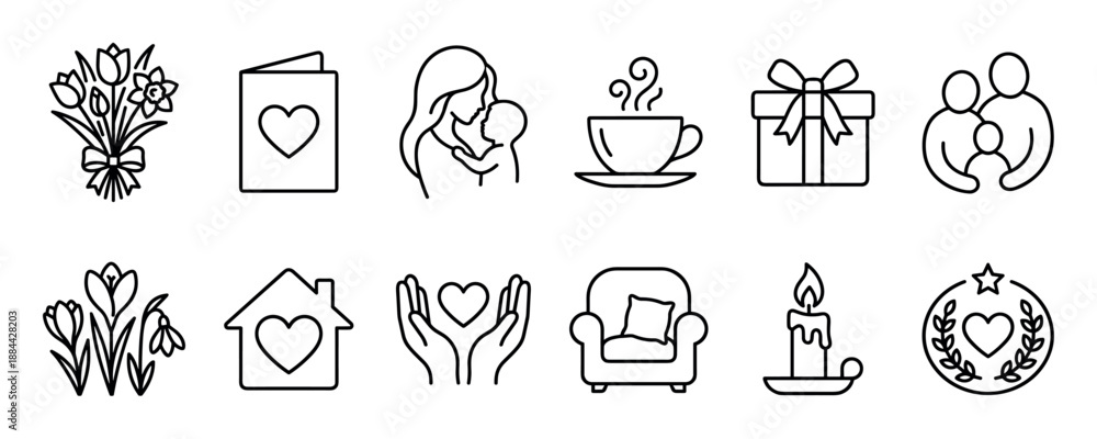 custom made wallpaper toronto digitalSet of black outline icons for Mother's Day featuring a mother with child, family, flowers, gift box, and heart symbols representing love, care, and home comfort