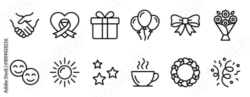 Set of black line icons representing friendship, celebration, and positive emotions, including a handshake, gift, balloons, flowers, smiling faces, and a warm coffee cup
