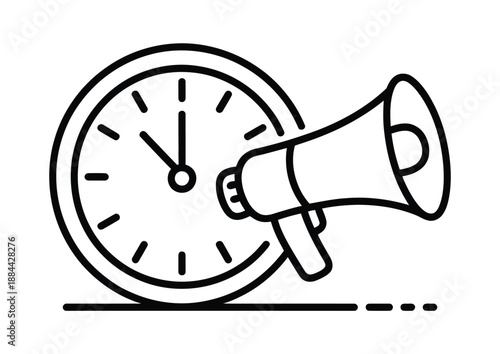 A black and white illustration of a clock and megaphone combination, symbolizing timely announcements and urgent messages.