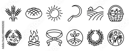 Set of black line art icons representing agriculture, harvest, and rural life, featuring symbols like wheat, bread, a sickle, a farm field, a fruit basket, and a farmer