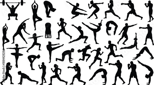 Fitness Exercise Silhouettes Collection Showing Men and Women Performing Strength Training Cardio Yoga and Athletic Workouts for Healthy Active Lifestyle Illustration Concept Design