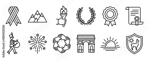 Collection of twelve black outline icons representing achievement and celebration, featuring a flaming torch, laurel wreath, award medal, fireworks, and a triumphal arch