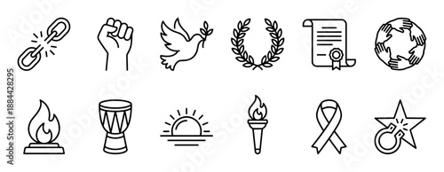 Set of black line art icons representing freedom, human rights, peace, and unity, including a broken chain, raised fist, dove, and torch as symbols for social justice