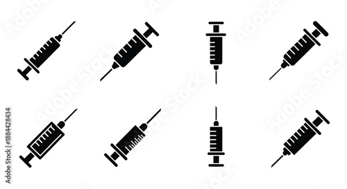 Collection of black syringe icons with varying designs and droplet details