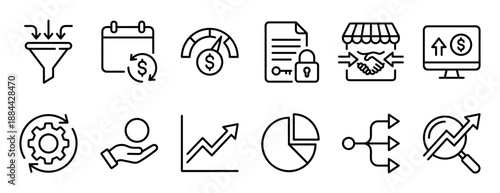 Set of black line icons for business and finance concepts including sales funnel, growth chart, data analysis, and secure contract symbols for presentations and web design