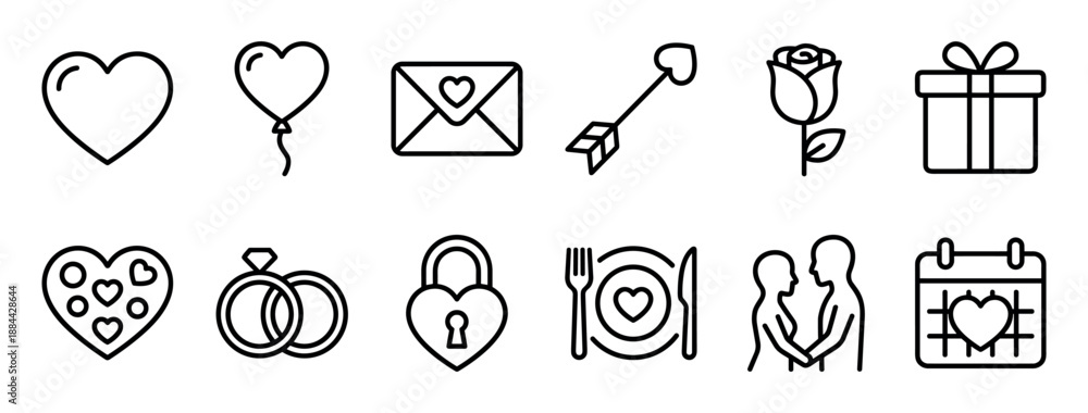 custom made wallpaper toronto digitalCollection of black line art icons representing love, romance, and Valentine's Day symbols like hearts, rings, and a rose, presented in a clean, minimalist vector style