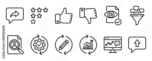 Collection of black line icons representing feedback and review, including star ratings, thumbs up, and data analysis symbols for user interface and business process management