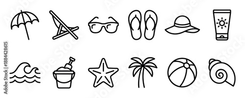 Set of twelve summer beach vacation icons in a minimalist black line art style including a palm tree, umbrella, sunglasses, and flip-flops for travel and holiday concepts