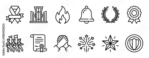 Set of twelve black outline icons representing victory, celebration, and remembrance with symbols like a medal, monument, flame, laurel wreath, handshake, and fireworks