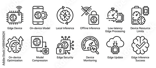 Edge computing and artificial intelligence line icon set showing concepts like on-device models, local inference, security, and low-latency processing for technology presentations