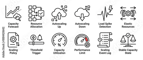 Set of twelve black line icons representing cloud computing capacity and resource scaling concepts like autoscaling, load detection, and performance limits for system management