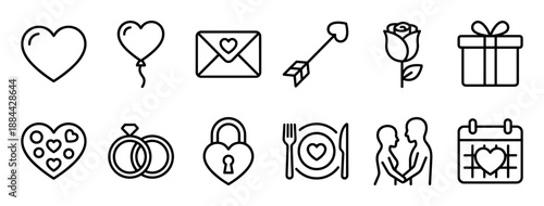 Collection of black line art icons representing love, romance, and Valentine's Day symbols like hearts, rings, and a rose, presented in a clean, minimalist vector style