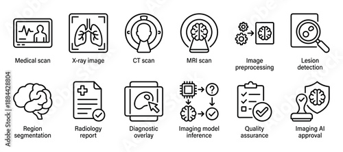 Medical imaging and radiology line icon set illustrating diagnostic procedures like X-ray, CT, and MRI scans, plus concepts for AI analysis and quality assurance