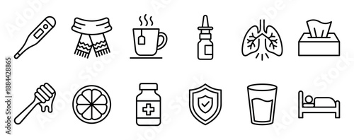 Cold and flu symptoms line icon set showing treatment and prevention elements like medicine, tea, and rest for health care concepts