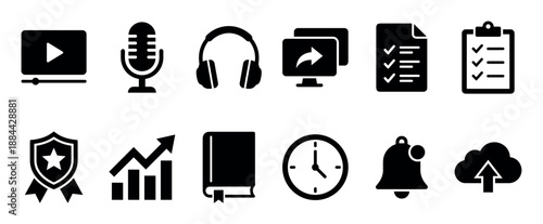 Black e-learning glyph icon set for online courses and digital media, featuring a microphone, headphones, checklist, growth chart, and notification bell in a simple flat design