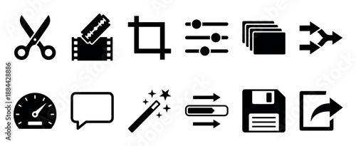Set of black video editing icons for software user interfaces, including symbols for cutting, cropping, adjusting, saving, and sharing media files in a minimalist glyph style