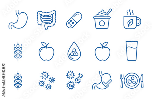 Blue line icon set for digestive health representing probiotics, gut microbiome, healthy food, stomach, and intestines in a minimalist vector illustration for medical and wellness concepts