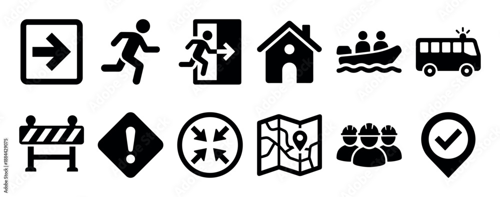 custom made wallpaper toronto digitalEmergency evacuation and disaster response icon set featuring pictograms for exit, shelter, rescue boat, assembly point, and safety procedures in a flat black glyph style