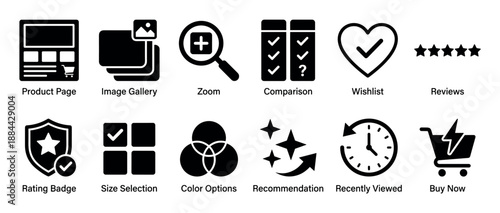 Set of black e-commerce glyph icons for online shopping UI, featuring symbols for product pages, image galleries, wishlists, user reviews, and a buy now shopping cart