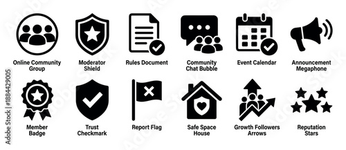 Set of black solid glyph icons for online community management, featuring symbols for moderation, rules, events, announcements, member trust, group safety, and user reputation