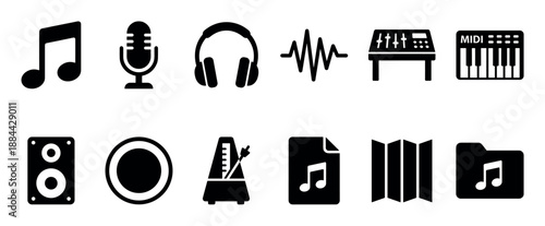 Set of black music and audio production icons featuring a microphone, headphones, speaker, mixer, keyboard, and sound wave symbols for web and app interface design