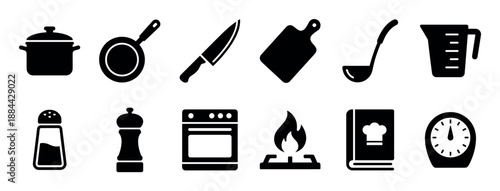 Collection of black cooking and kitchen icons featuring a pot, pan, knife, cutting board, ladle, oven, and other essential culinary utensils in a simple glyph style