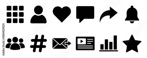 Black glyph icons for social media and website user interfaces, featuring symbols for profile, heart, comment, share, notification, group, hashtag, message, video, chart, and star