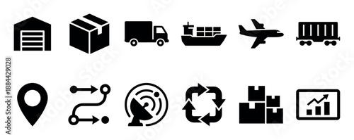 Set of twelve black minimalist icons for logistics and supply chain management, featuring symbols for transportation, warehouse storage, parcel delivery, and order tracking