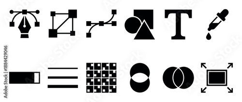 Collection of black graphic design icons for vector illustration software, featuring the pen tool, text, shapes, and pathfinder symbols in a minimalist flat style