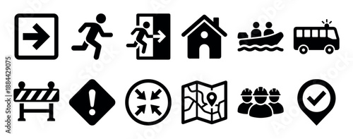 Emergency evacuation and disaster response icon set featuring pictograms for exit, shelter, rescue boat, assembly point, and safety procedures in a flat black glyph style