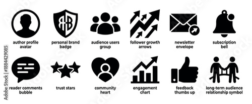 Collection of black glyph icons representing personal branding and audience engagement concepts for social media, including follower growth, community, feedback, and subscription