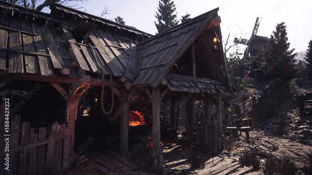 Fototapeta premium Timbered forge glowing with ember light, anvil and bellows visible through open doorway, smoke drifting from chimney into twilight, warm lantern glow