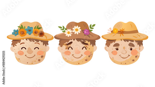 Set of cheerful gardener heads, wearing straw hats, flowers in hair, dirt smudges on cheeks, smiling faces, earthy color tones, flat 2D cartoon style, textured finish, white background.