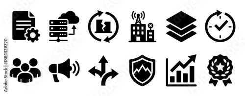 Collection of black glyph icons for business and technology, including symbols for data management, disaster recovery, communication, growth analytics, and team collaboration