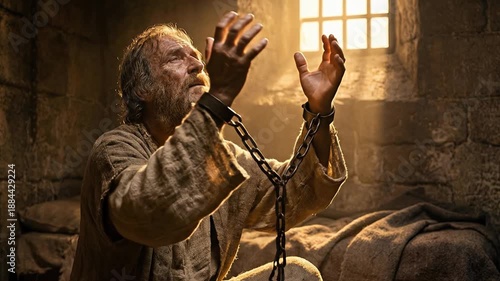 Elderly Biblical Apostle Saint Paul Wearing Chains Kneeling in Dark Prison Cell Praying to God near Bright Window Light Depicting Persecution and Unshakable Faith in New Testament History