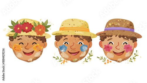 Set of cheerful gardener heads, wearing straw hats, flowers in hair, dirt smudges on cheeks, smiling faces, earthy color tones, flat 2D cartoon style, textured finish, white background.